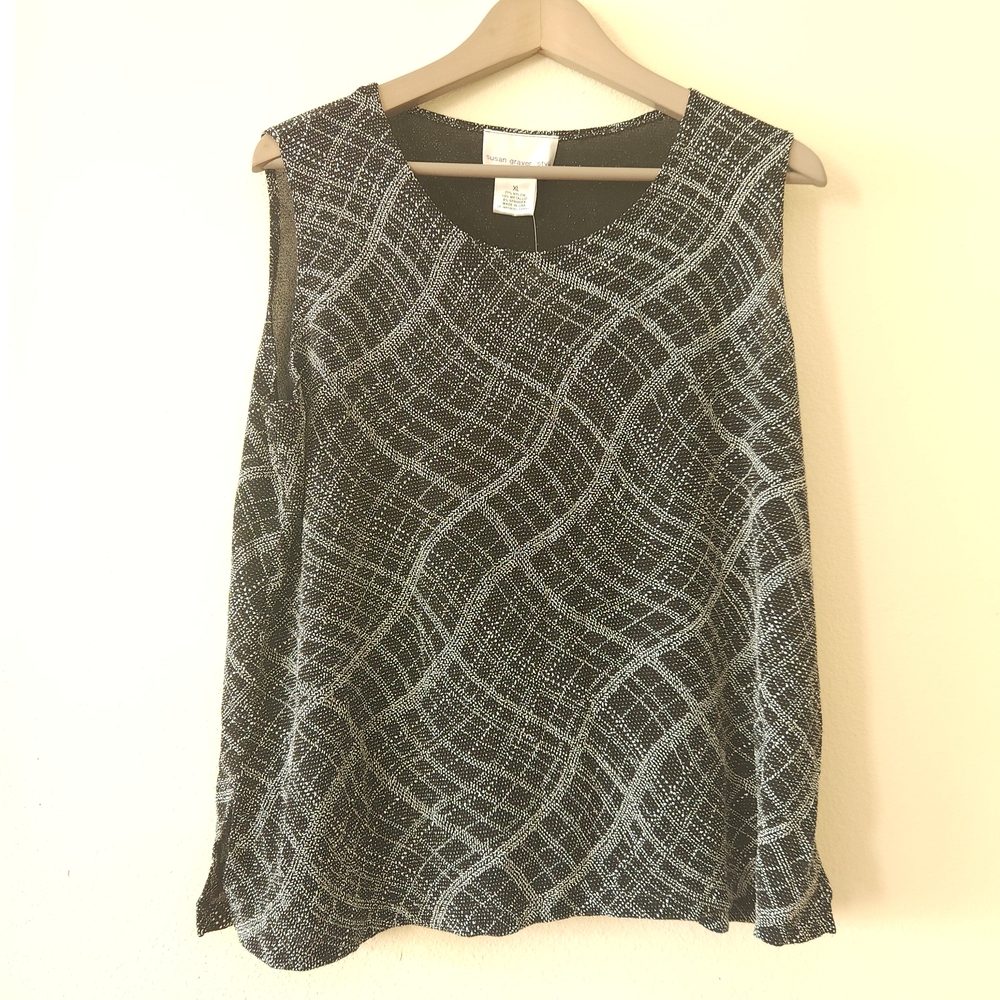 NWT Susan Graver Black/Silver/White Metallic Thread Tank Top Size XL